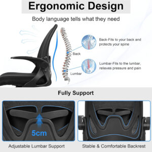 Primy Office Chair Ergonomic Desk Chair with Flip up Armrests Swivel Breathable Desk Mesh Computer Chair with Adjustable Lumbar Support and Height for Conference Room (Black)