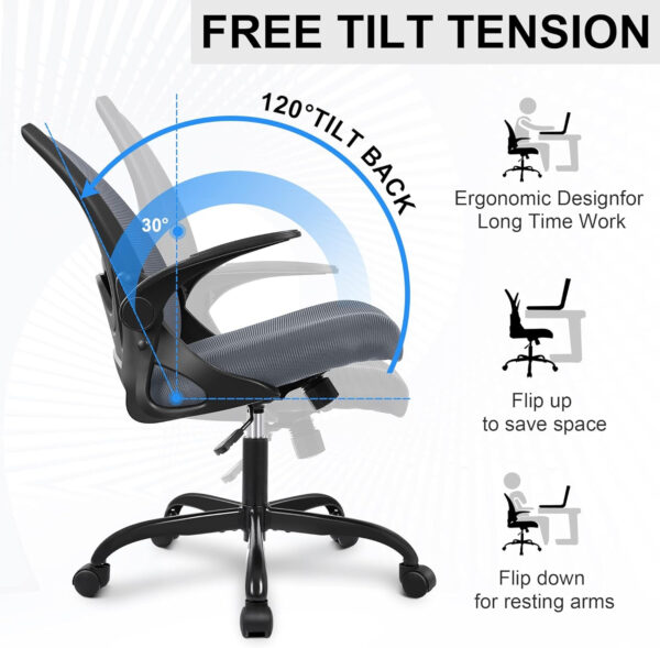 Primy Office Chair Ergonomic Desk Chair with Flip up Armrests Swivel Breathable Desk Mesh Computer Chair with Adjustable Lumbar Support and Height for Conference Room (Black)