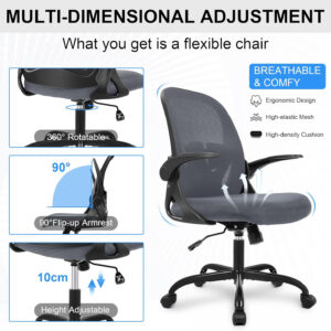 Primy Office Chair Ergonomic Desk Chair with Flip up Armrests Swivel Breathable Desk Mesh Computer Chair with Adjustable Lumbar Support and Height for Conference Room (Black)