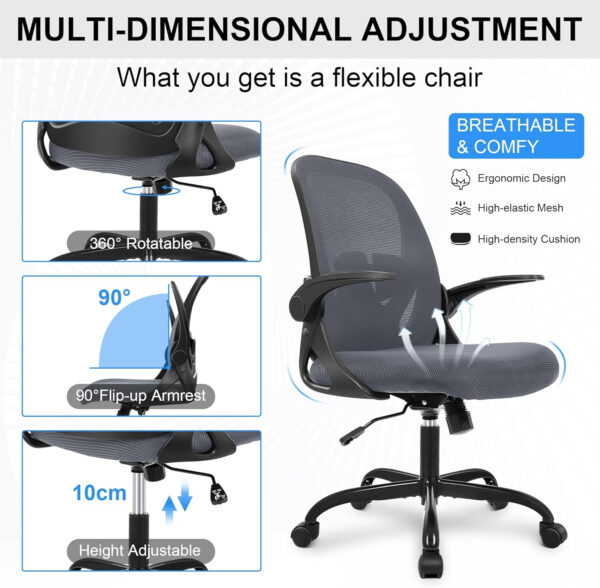 Primy Office Chair Ergonomic Desk Chair with Flip up Armrests Swivel Breathable Desk Mesh Computer Chair with Adjustable Lumbar Support and Height for Conference Room (Black)