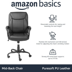 Amazon Basics Classic Puresoft PU Padded Mid-Back Height Adjustable Office Computer Desk Chair with Armrest, 26"D x 23.75"W x 42"H, Black