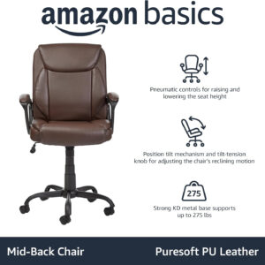 Amazon Basics Classic Puresoft PU Padded Mid-Back Height Adjustable Office Computer Desk Chair with Armrest, 26"D x 23.75"W x 42"H, Black