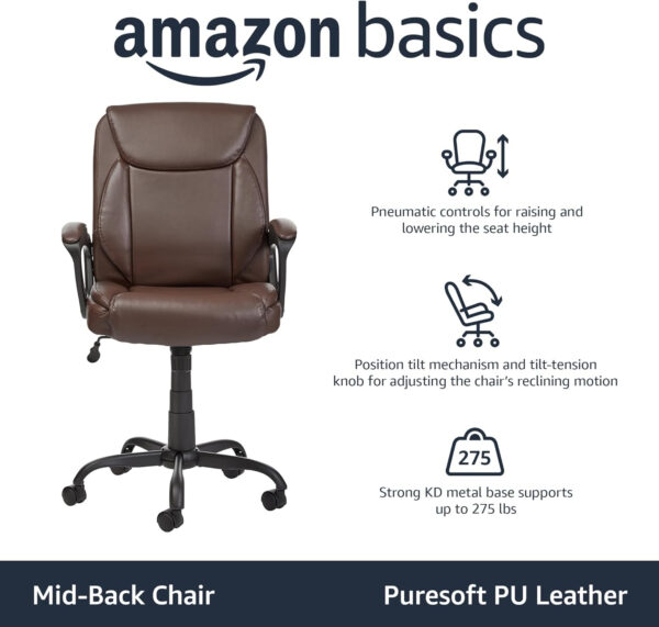 Amazon Basics Classic Puresoft PU Padded Mid-Back Height Adjustable Office Computer Desk Chair with Armrest, 26"D x 23.75"W x 42"H, Black