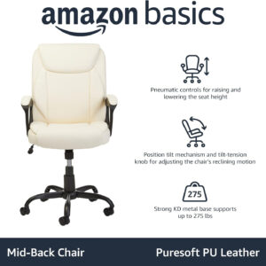 Amazon Basics Classic Puresoft PU Padded Mid-Back Height Adjustable Office Computer Desk Chair with Armrest, 26"D x 23.75"W x 42"H, Black