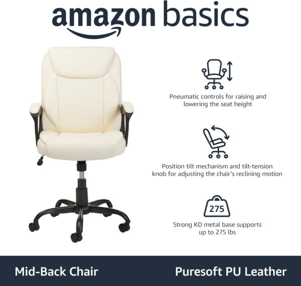 Amazon Basics Classic Puresoft PU Padded Mid-Back Height Adjustable Office Computer Desk Chair with Armrest, 26"D x 23.75"W x 42"H, Black