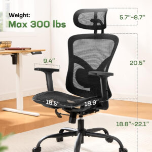 Marsail Ergonomic Office Chair: Office Computer Desk Chair with High Back Mesh and Adjustable Lumbar Support Rolling Work Swivel Task Chairs with Wheel 3D Armrests and Headrest