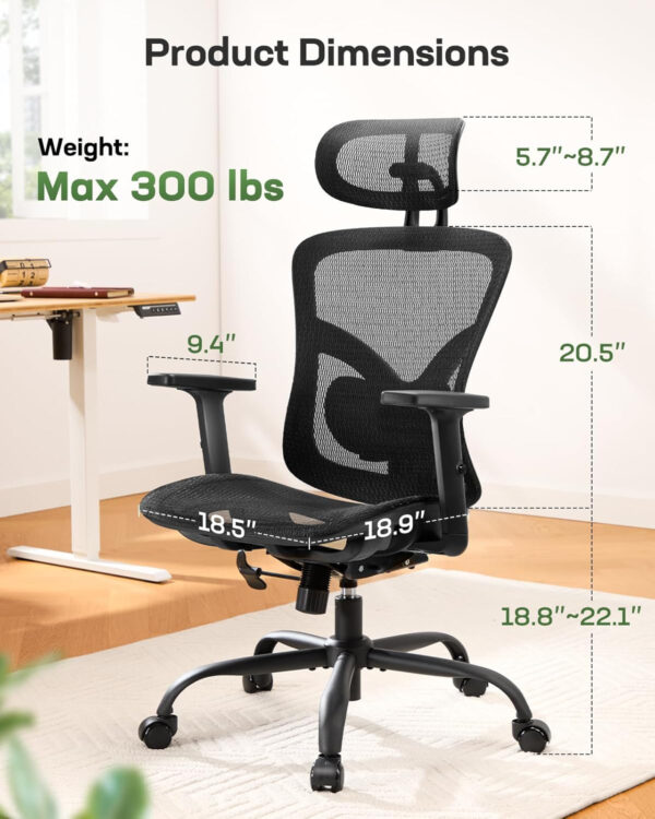 Marsail Ergonomic Office Chair: Office Computer Desk Chair with High Back Mesh and Adjustable Lumbar Support Rolling Work Swivel Task Chairs with Wheel 3D Armrests and Headrest