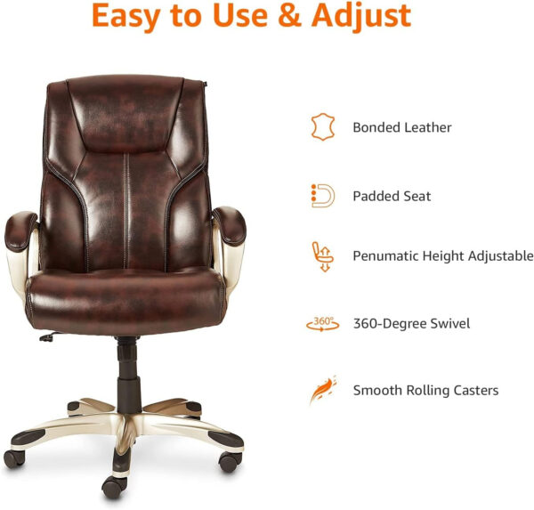 Amazon Basics Executive High Back Office Desk Chair, Adjustable Height, Tilt, Swivel, One Size, Brown/Gold
