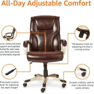 Amazon Basics Executive High Back Office Desk Chair, Adjustable Height, Tilt, Swivel, One Size, Brown/Gold