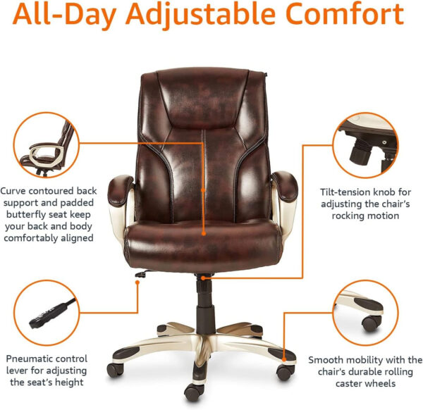 Amazon Basics Executive High Back Office Desk Chair, Adjustable Height, Tilt, Swivel, One Size, Brown/Gold