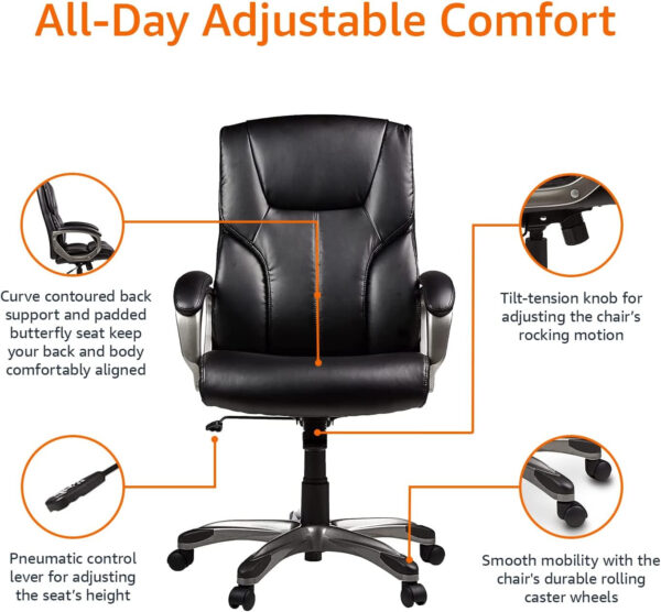 Amazon Basics Executive High Back Office Desk Chair, Adjustable Height, Tilt, Swivel, One Size, Brown/Gold