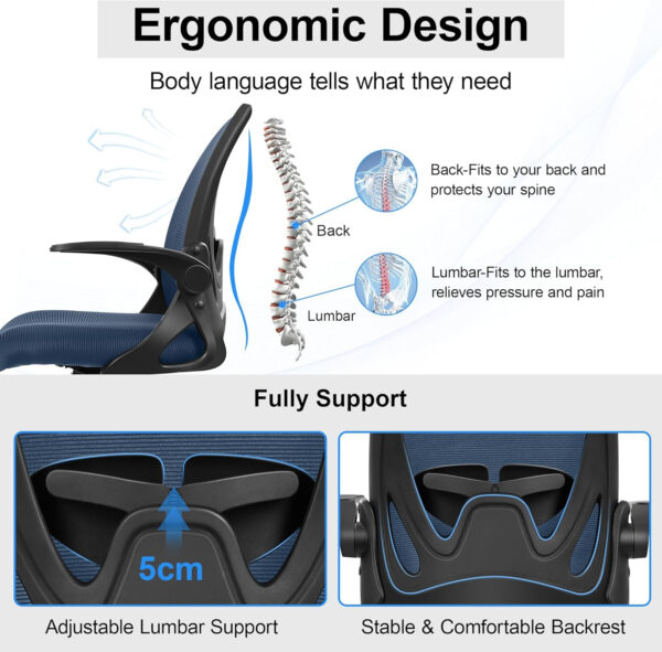 Primy Office Chair Ergonomic Desk Chair with Flip up Armrests Swivel Breathable Desk Mesh Computer Chair with Adjustable Lumbar Support and Height for Conference Room (Black)