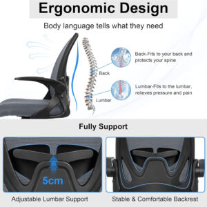 Primy Office Chair Ergonomic Desk Chair with Flip up Armrests Swivel Breathable Desk Mesh Computer Chair with Adjustable Lumbar Support and Height for Conference Room (Black)