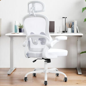 Ergonomic Office Chair,Ultra Thick Office Desk Chair with Adjustable Lumbar Support and Headrest,Spring Cushion,Rocking Function,Flip-up arms,Mesh Computer Chair for Home Office,White