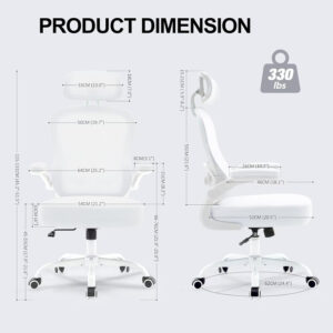 Ergonomic Office Chair,Ultra Thick Office Desk Chair with Adjustable Lumbar Support and Headrest,Spring Cushion,Rocking Function,Flip-up arms,Mesh Computer Chair for Home Office,White