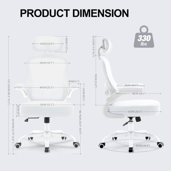 Ergonomic Office Chair,Ultra Thick Office Desk Chair with Adjustable Lumbar Support and Headrest,Spring Cushion,Rocking Function,Flip-up arms,Mesh Computer Chair for Home Office,White