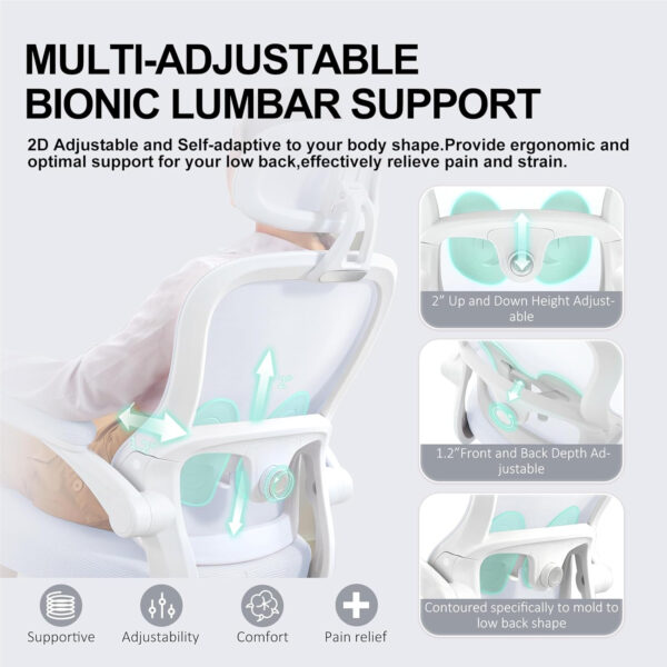 Ergonomic Office Chair,Ultra Thick Office Desk Chair with Adjustable Lumbar Support and Headrest,Spring Cushion,Rocking Function,Flip-up arms,Mesh Computer Chair for Home Office,White