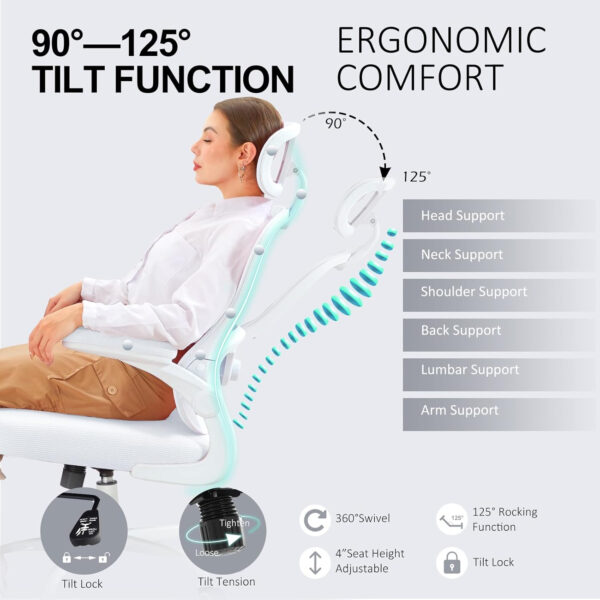 Ergonomic Office Chair,Ultra Thick Office Desk Chair with Adjustable Lumbar Support and Headrest,Spring Cushion,Rocking Function,Flip-up arms,Mesh Computer Chair for Home Office,White