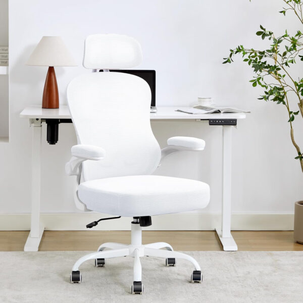 Ergonomic Office Chair,Ultra Thick Office Desk Chair with Adjustable Lumbar Support and Headrest,Spring Cushion,Rocking Function,Flip-up arms,Mesh Computer Chair for Home Office,White