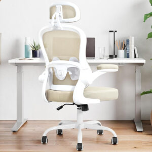 Ergonomic Office Chair,Ultra Thick Office Desk Chair with Adjustable Lumbar Support and Headrest,Spring Cushion,Rocking Function,Flip-up arms,Mesh Computer Chair for Home Office,White