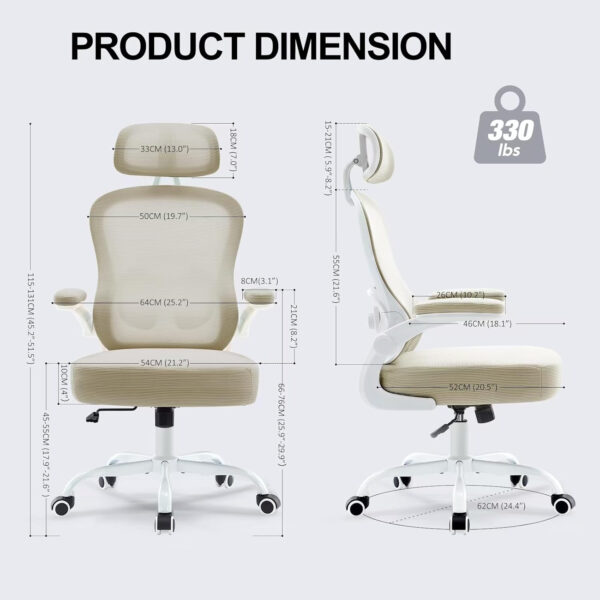 Ergonomic Office Chair,Ultra Thick Office Desk Chair with Adjustable Lumbar Support and Headrest,Spring Cushion,Rocking Function,Flip-up arms,Mesh Computer Chair for Home Office,White