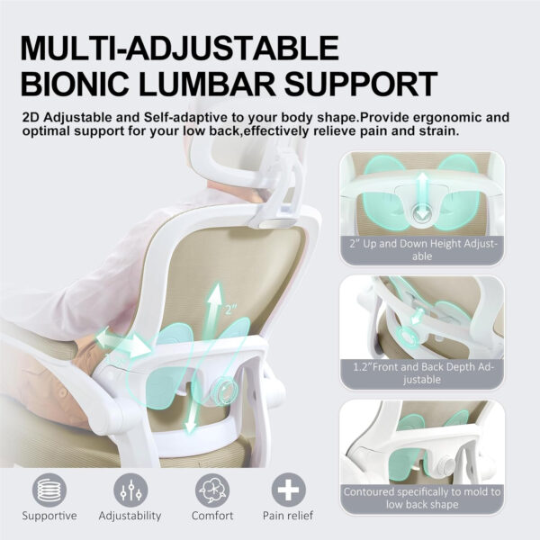 Ergonomic Office Chair,Ultra Thick Office Desk Chair with Adjustable Lumbar Support and Headrest,Spring Cushion,Rocking Function,Flip-up arms,Mesh Computer Chair for Home Office,White