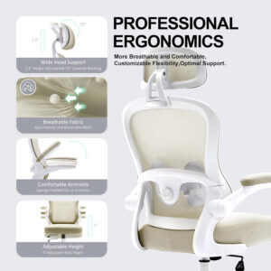 Ergonomic Office Chair,Ultra Thick Office Desk Chair with Adjustable Lumbar Support and Headrest,Spring Cushion,Rocking Function,Flip-up arms,Mesh Computer Chair for Home Office,White