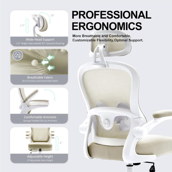 Ergonomic Office Chair,Ultra Thick Office Desk Chair with Adjustable Lumbar Support and Headrest,Spring Cushion,Rocking Function,Flip-up arms,Mesh Computer Chair for Home Office,White