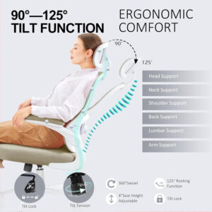 Ergonomic Office Chair,Ultra Thick Office Desk Chair with Adjustable Lumbar Support and Headrest,Spring Cushion,Rocking Function,Flip-up arms,Mesh Computer Chair for Home Office,White