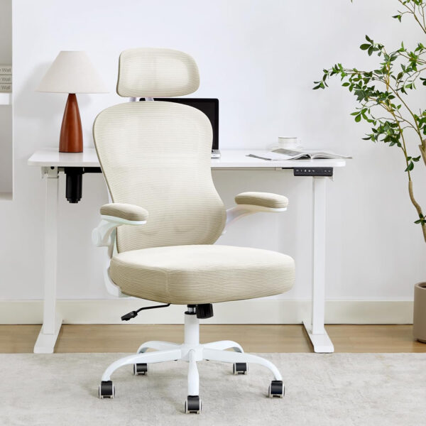 Ergonomic Office Chair,Ultra Thick Office Desk Chair with Adjustable Lumbar Support and Headrest,Spring Cushion,Rocking Function,Flip-up arms,Mesh Computer Chair for Home Office,White