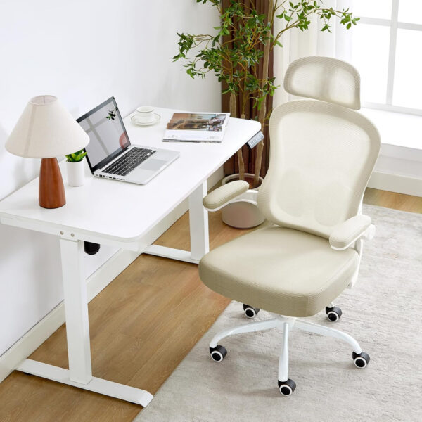 Ergonomic Office Chair,Ultra Thick Office Desk Chair with Adjustable Lumbar Support and Headrest,Spring Cushion,Rocking Function,Flip-up arms,Mesh Computer Chair for Home Office,White