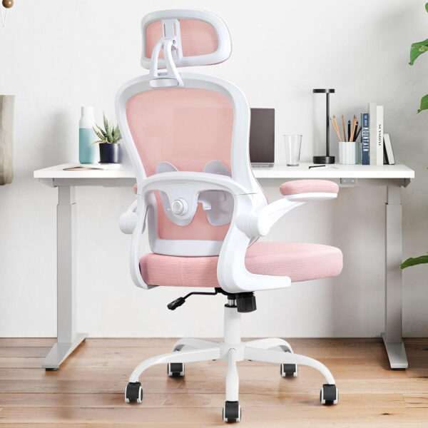 Ergonomic Office Chair,Ultra Thick Office Desk Chair with Adjustable Lumbar Support and Headrest,Spring Cushion,Rocking Function,Flip-up arms,Mesh Computer Chair for Home Office,White