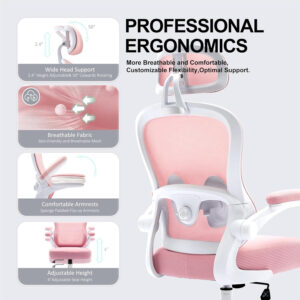 Ergonomic Office Chair,Ultra Thick Office Desk Chair with Adjustable Lumbar Support and Headrest,Spring Cushion,Rocking Function,Flip-up arms,Mesh Computer Chair for Home Office,White