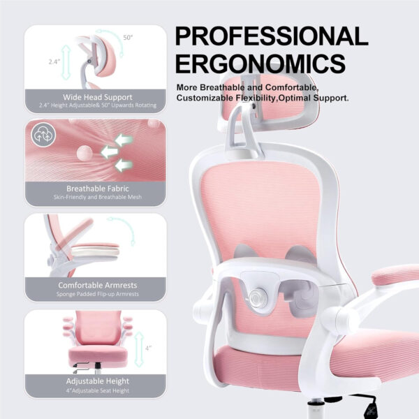 Ergonomic Office Chair,Ultra Thick Office Desk Chair with Adjustable Lumbar Support and Headrest,Spring Cushion,Rocking Function,Flip-up arms,Mesh Computer Chair for Home Office,White