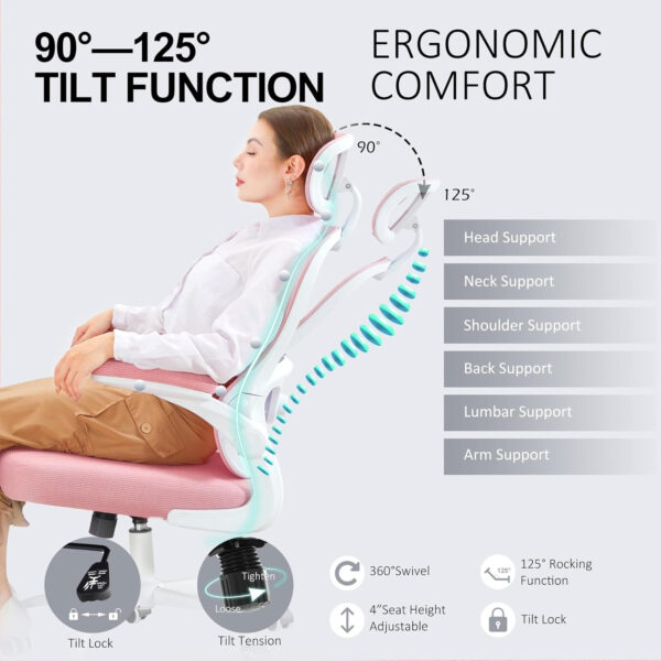 Ergonomic Office Chair,Ultra Thick Office Desk Chair with Adjustable Lumbar Support and Headrest,Spring Cushion,Rocking Function,Flip-up arms,Mesh Computer Chair for Home Office,White