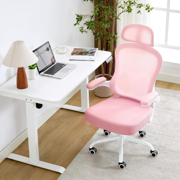 Ergonomic Office Chair,Ultra Thick Office Desk Chair with Adjustable Lumbar Support and Headrest,Spring Cushion,Rocking Function,Flip-up arms,Mesh Computer Chair for Home Office,White