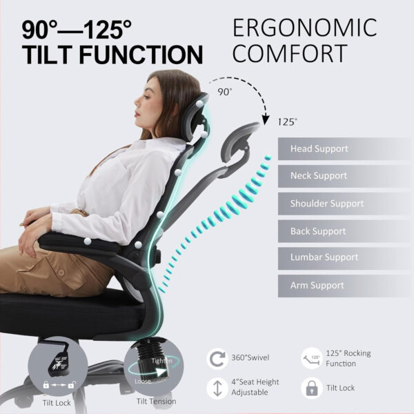 Ergonomic Office Chair,Ultra Thick Office Desk Chair with Adjustable Lumbar Support and Headrest,Spring Cushion,Rocking Function,Flip-up arms,Mesh Computer Chair for Home Office,White