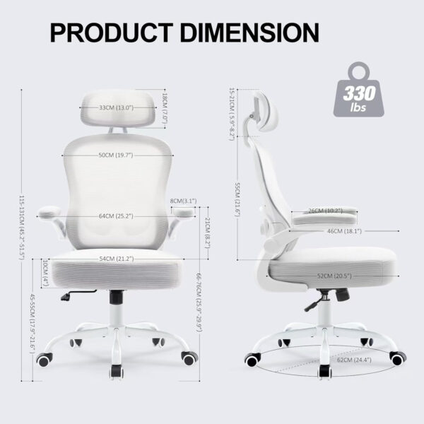 Ergonomic Office Chair,Ultra Thick Office Desk Chair with Adjustable Lumbar Support and Headrest,Spring Cushion,Rocking Function,Flip-up arms,Mesh Computer Chair for Home Office,White