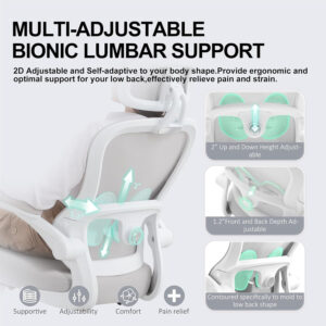 Ergonomic Office Chair,Ultra Thick Office Desk Chair with Adjustable Lumbar Support and Headrest,Spring Cushion,Rocking Function,Flip-up arms,Mesh Computer Chair for Home Office,White