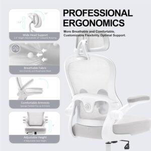 Ergonomic Office Chair,Ultra Thick Office Desk Chair with Adjustable Lumbar Support and Headrest,Spring Cushion,Rocking Function,Flip-up arms,Mesh Computer Chair for Home Office,White