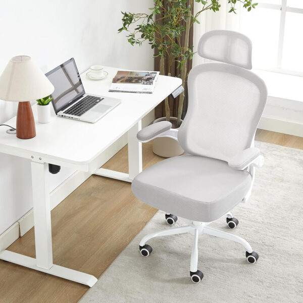 Ergonomic Office Chair,Ultra Thick Office Desk Chair with Adjustable Lumbar Support and Headrest,Spring Cushion,Rocking Function,Flip-up arms,Mesh Computer Chair for Home Office,White