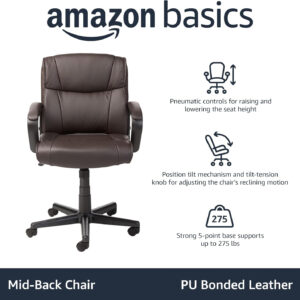 Amazon Basics Office Computer Task Desk Chair with Padded Armrests, Mid-Back, Adjustable, 360 Swivel, Rolling, 275 Pound Capacity, 24"D x 24.2"W x 34.8"H, BIFMA Certified, Dark Brown Faux Leather