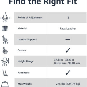 Amazon Basics Office Computer Task Desk Chair with Padded Armrests, Mid-Back, Adjustable, 360 Swivel, Rolling, 275 Pound Capacity, 24"D x 24.2"W x 34.8"H, BIFMA Certified, Dark Brown Faux Leather