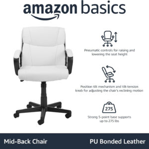 Amazon Basics Office Computer Task Desk Chair with Padded Armrests, Mid-Back, Adjustable, 360 Swivel, Rolling, 275 Pound Capacity, 24"D x 24.2"W x 34.8"H, BIFMA Certified, Dark Brown Faux Leather