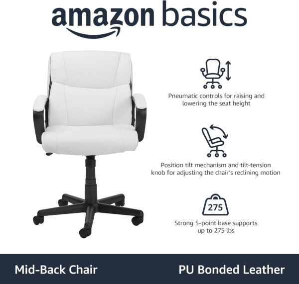 Amazon Basics Office Computer Task Desk Chair with Padded Armrests, Mid-Back, Adjustable, 360 Swivel, Rolling, 275 Pound Capacity, 24"D x 24.2"W x 34.8"H, BIFMA Certified, Dark Brown Faux Leather