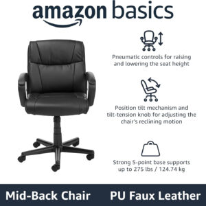 Amazon Basics Office Computer Task Desk Chair with Padded Armrests, Mid-Back, Adjustable, 360 Swivel, Rolling, 275 Pound Capacity, 24"D x 24.2"W x 34.8"H, BIFMA Certified, Dark Brown Faux Leather