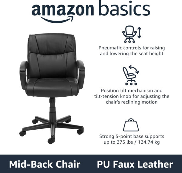 Amazon Basics Office Computer Task Desk Chair with Padded Armrests, Mid-Back, Adjustable, 360 Swivel, Rolling, 275 Pound Capacity, 24"D x 24.2"W x 34.8"H, BIFMA Certified, Dark Brown Faux Leather