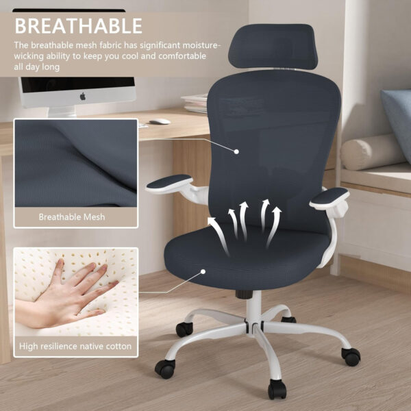 Office Chair, High Back Ergonomic Desk Chair, Breathable Mesh Desk Chair with Adjustable Lumbar Support and Headrest, Swivel Task Chair with flip-up Armrests, Executive Chair for Home Office