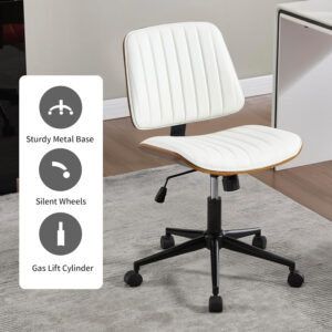 6887417c0112349fbae88012d5bb7cda8a03a28faede2d6658011.jpg Small Home Office Chair - Armless Mid Back Desk Chair with 360° Swivel and Wheels, PU Upholstered Height Adjustable Modern Walnut Computer Chair for Home, Office Meeting Room - White