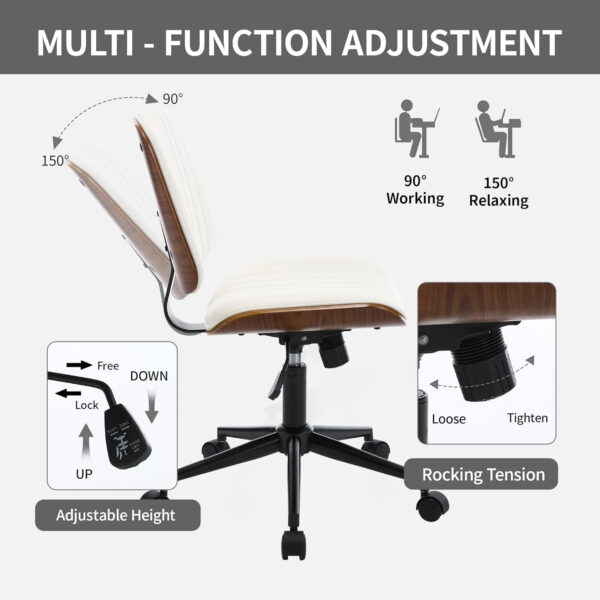 68874181ca109d6db81ddaaccd644429cfafe36802a04282169ca.jpg Small Home Office Chair - Armless Mid Back Desk Chair with 360° Swivel and Wheels, PU Upholstered Height Adjustable Modern Walnut Computer Chair for Home, Office Meeting Room - White